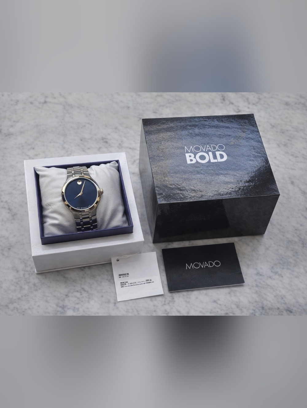 Movado BOLD Blue Dial Stainless Steel Watch w/ Box & Papers Minimalist Luxury
